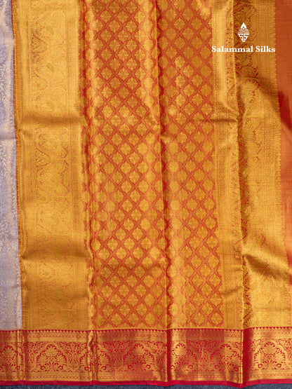 Light Lavender Tissue Bridal Pure Kanjivaram Silk Saree With Contrast Maroon Traditional Border