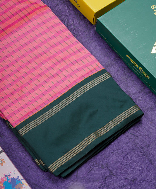 9 Yards Semi Silk Saree Pink & Dark Peach Colour with Bottle Green Double Border