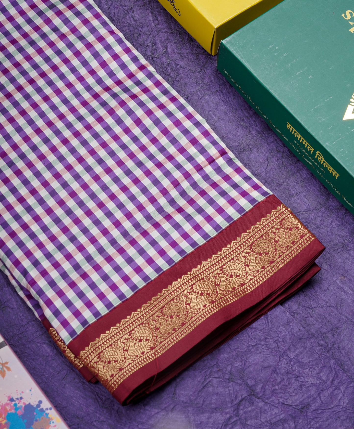 9.5 Yards Semi Silk Saree Multicolour Checks with Maroon Border