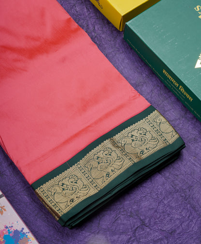 9.5 Yards Semi Silk Saree Mango Yellow with Contrast Bottle Green Traditional Border