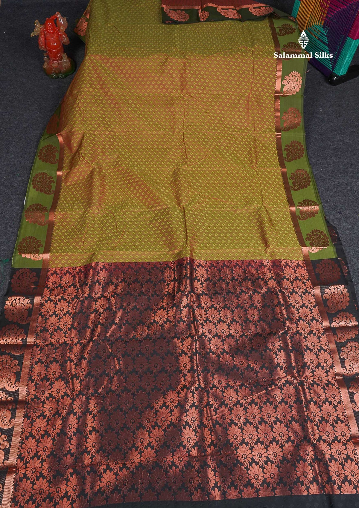 Semi Silk Saree - Mehandi Green Colour Body With Contrast Black Blouse