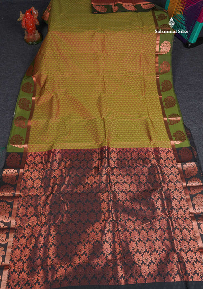 Semi Silk Saree - Mehandi Green Colour Body With Contrast Black Blouse