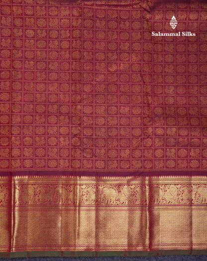 Beautiful Dark Maroon Mayil Chakaram Butta Checks Bridal Pure Kanjivaram Silk Saree With Traditional Evening Morning Border