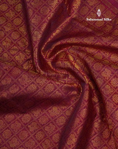 Beautiful Dark Maroon Mayil Chakaram Butta Checks Bridal Pure Kanjivaram Silk Saree With Traditional Evening Morning Border