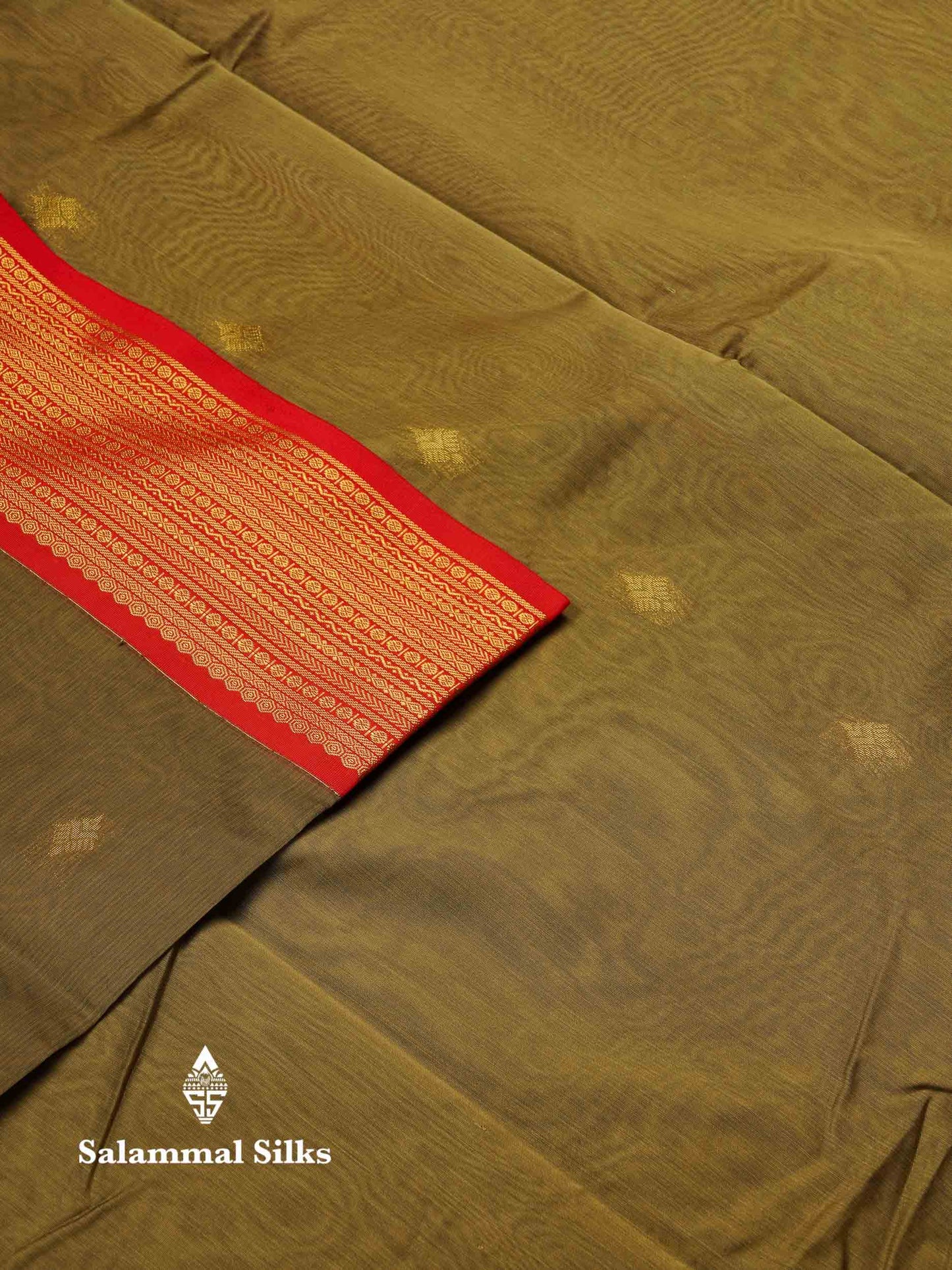 Beautiful Peacock Green Zari Butta Semi Silk Cotton Saree With Contrast Chilly Red Traditional Border