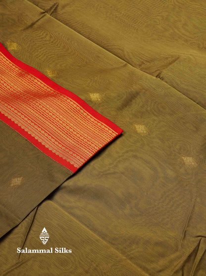 Beautiful Peacock Green Zari Butta Semi Silk Cotton Saree With Contrast Chilly Red Traditional Border