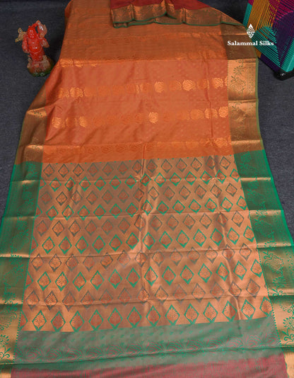 Semi Silk Saree - Light Orange Colour Body With Contrast Dual Tone Green Blouse 