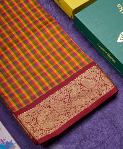 11 Yards Semi Silk Saree Multicolour Checks with Contrast Traditional Maroon Border