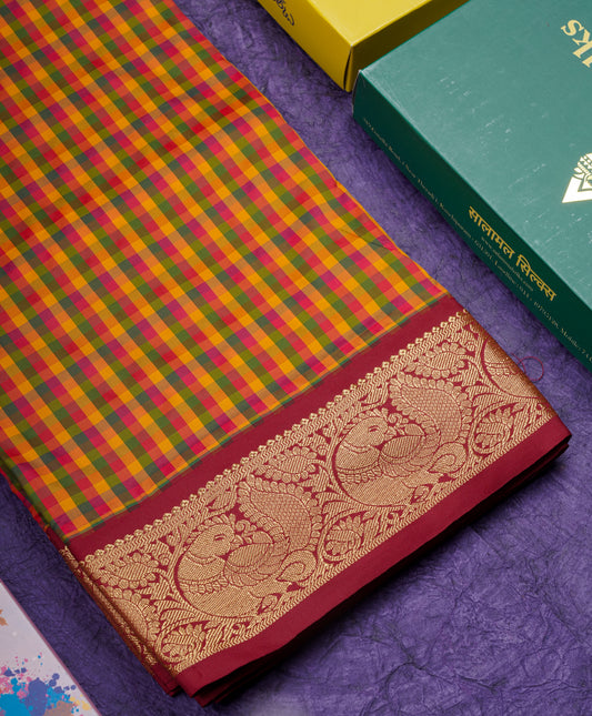 11 Yards Semi Silk Saree Multicolour Checks with Contrast Traditional Maroon Border