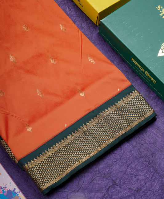 11 Yards Semi Silk Saree Orange with Contrast Bottle Green Border