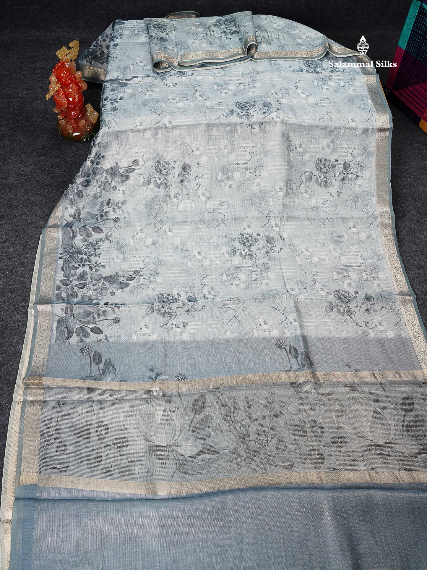 Silk Kota Mix - Grey White Vaira Oosi Lines Fancy Saree With Small Border