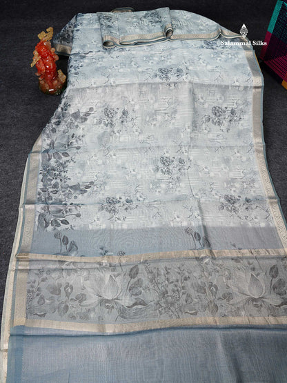 Silk Kota Mix - Grey White Vaira Oosi Lines Fancy Saree With Small Border
