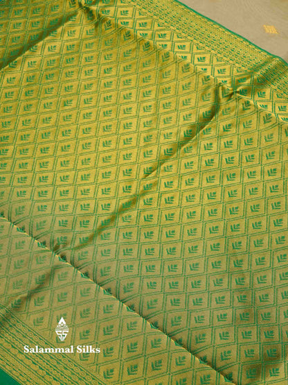 Beautiful Peacock Green Zari Butta Semi Silk Cotton Saree With Contrast Chilly Red Traditional Border