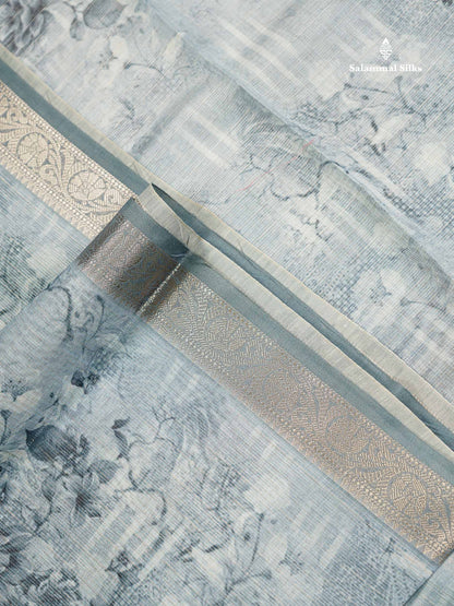 Silk Kota Mix - Grey White Vaira Oosi Lines Fancy Saree With Small Border