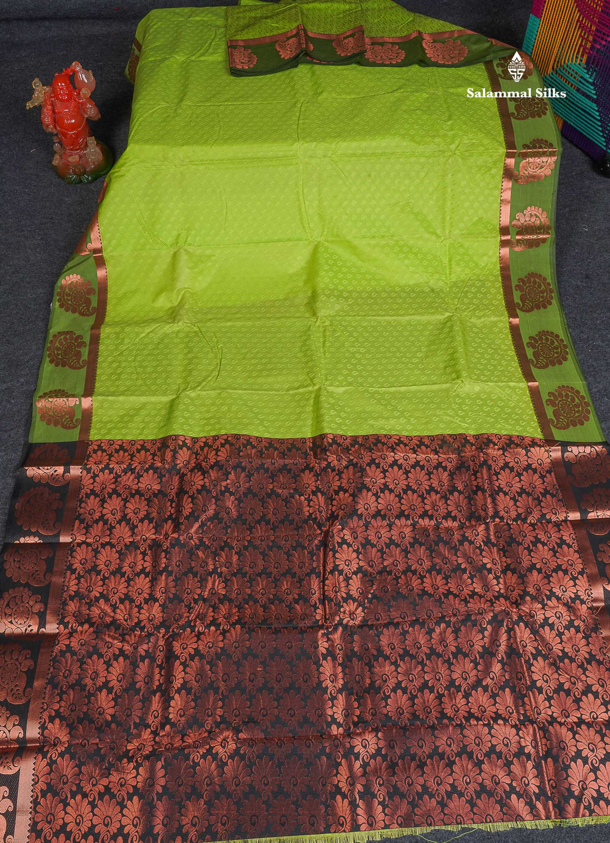 Semi Silk Saree - Parrot Green Colour Body With Contrast Black Blouse