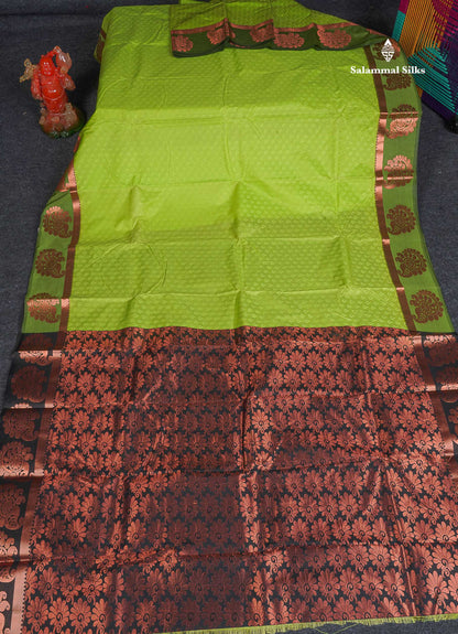 Semi Silk Saree - Parrot Green Colour Body With Contrast Black Blouse