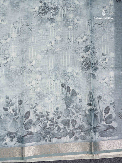 Silk Kota Mix - Grey White Vaira Oosi Lines Fancy Saree With Small Border
