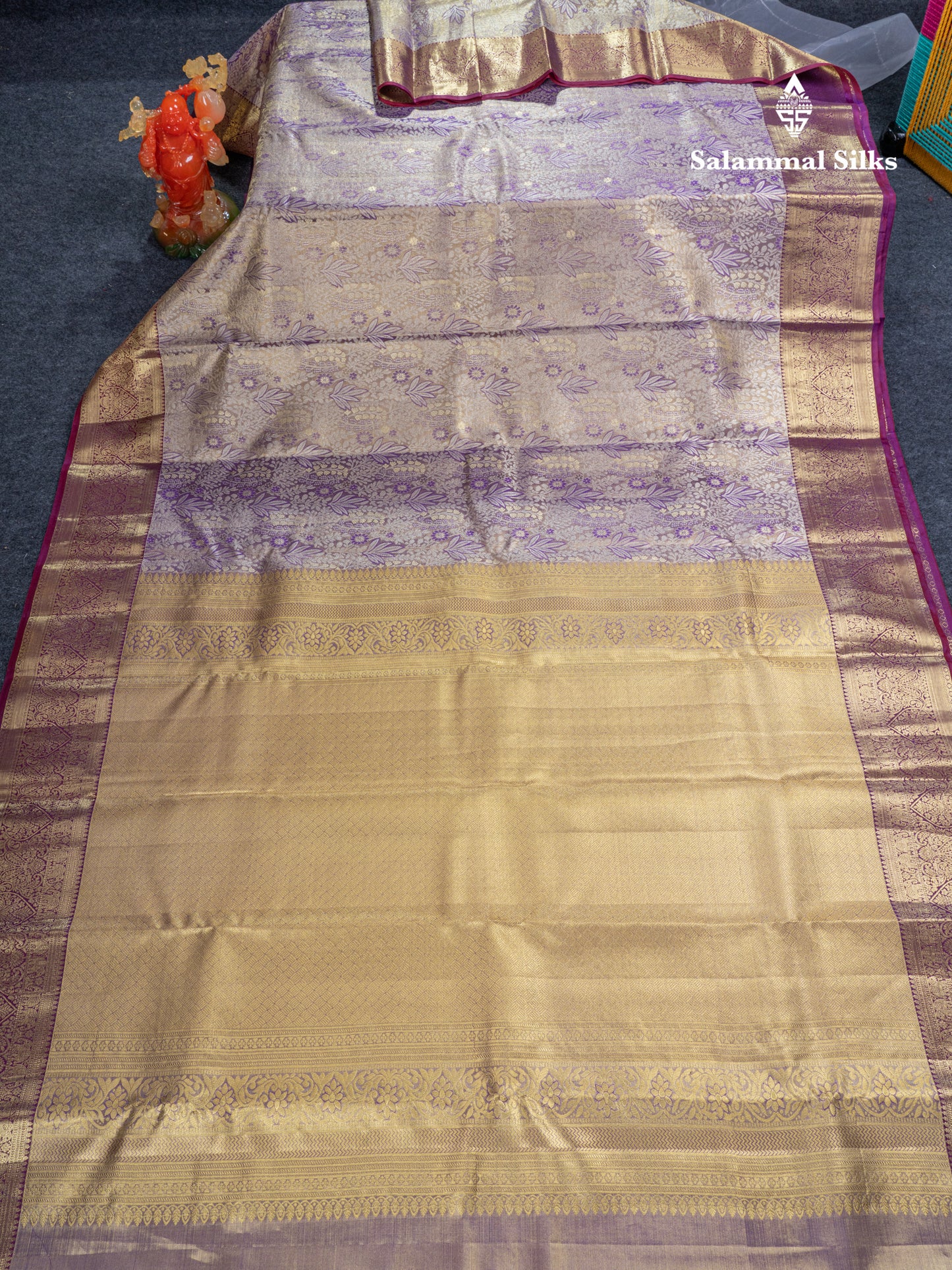 Violet Tissue Bridal Pure Kanjivaram Silk Saree With Contrast Dark Purple Traditional Border