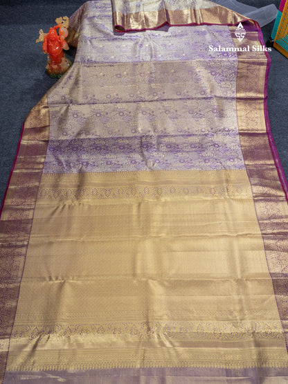 Violet Tissue Bridal Pure Kanjivaram Silk Saree With Contrast Dark Purple Traditional Border