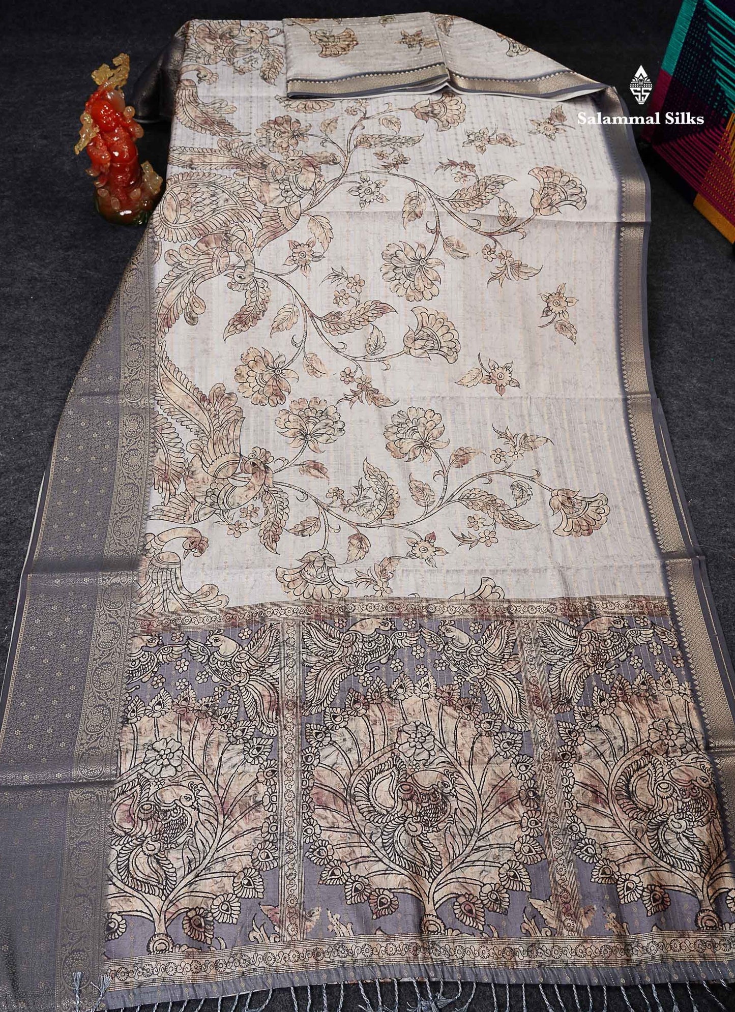 Semi Tussar Saree - Cream White Kalamkari Design Along With Contrast Grey Fancy Border