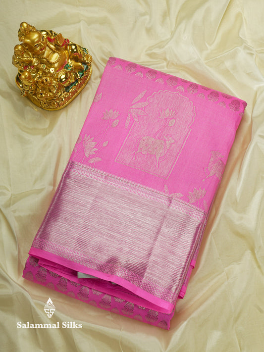 Pink Colour Pure Kanjivaram Silk Saree With Silver Zari Border