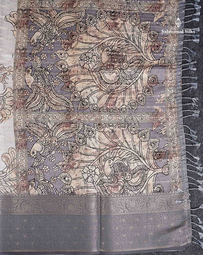 Semi Tussar Saree - Cream White Kalamkari Design Along With Contrast Grey Fancy Border