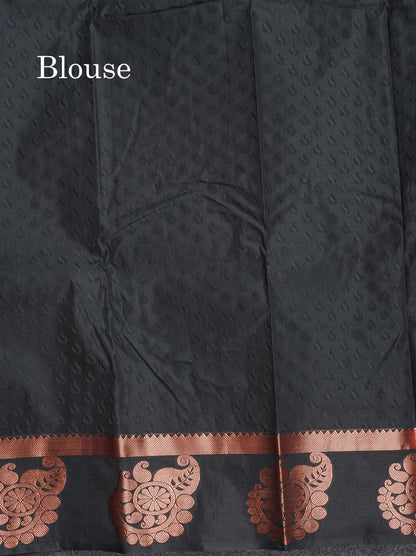 Semi Silk Saree - Mehandi Green Colour Body With Contrast Black Blouse