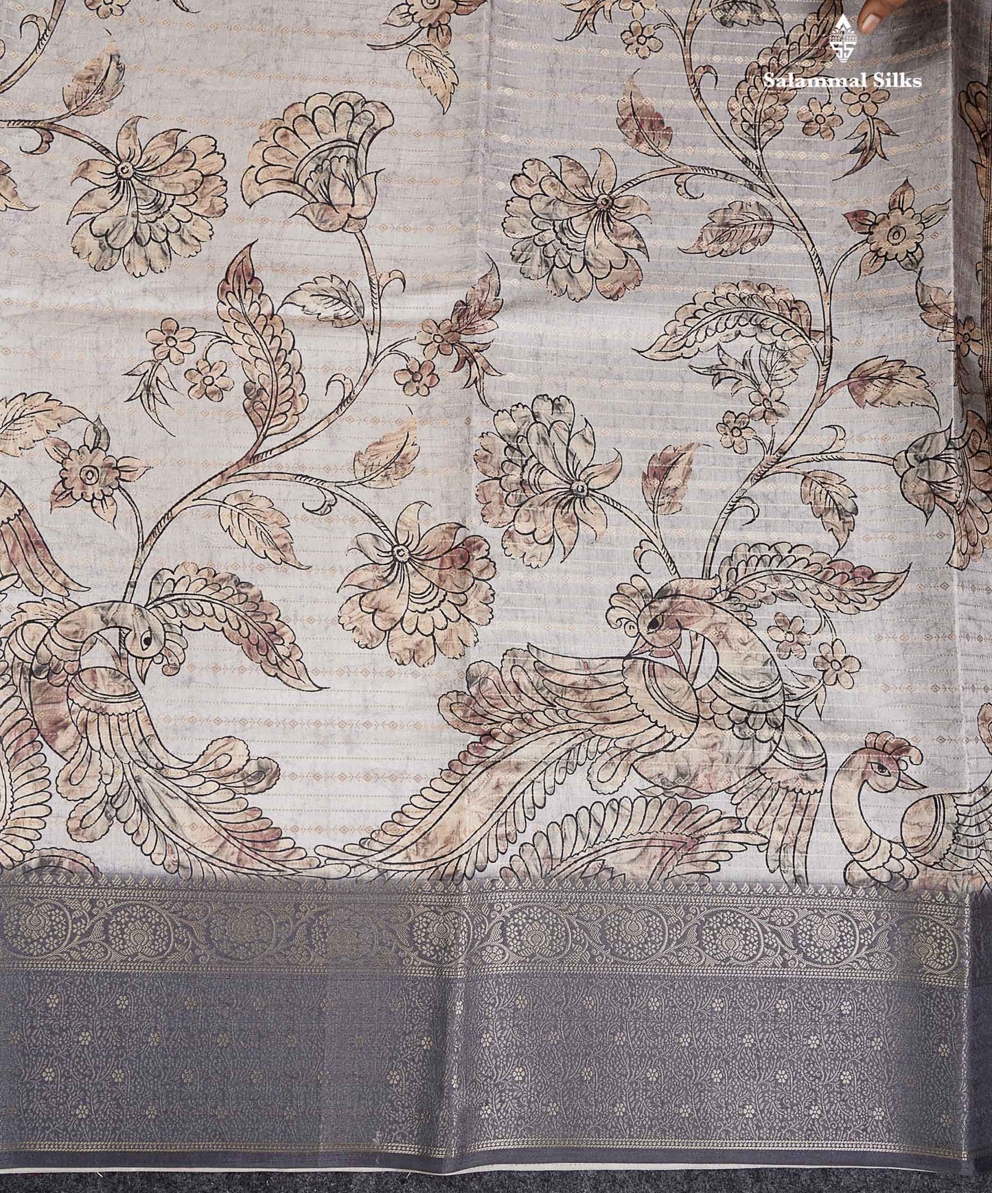 Semi Tussar Saree - Cream White Kalamkari Design Along With Contrast Grey Fancy Border