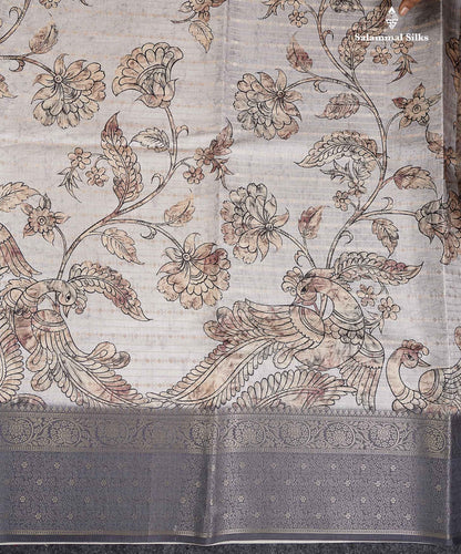 Semi Tussar Saree - Cream White Kalamkari Design Along With Contrast Grey Fancy Border