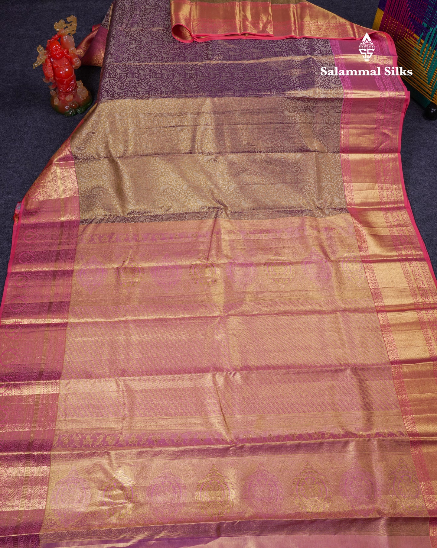 Beautiful Brown Tissue Bridal Pure Kanjivaram Silk Saree With Contrast Peach Traditional Border