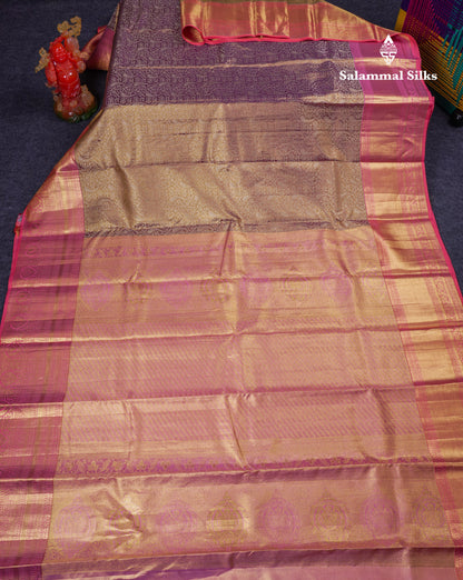 Beautiful Brown Tissue Bridal Pure Kanjivaram Silk Saree With Contrast Peach Traditional Border