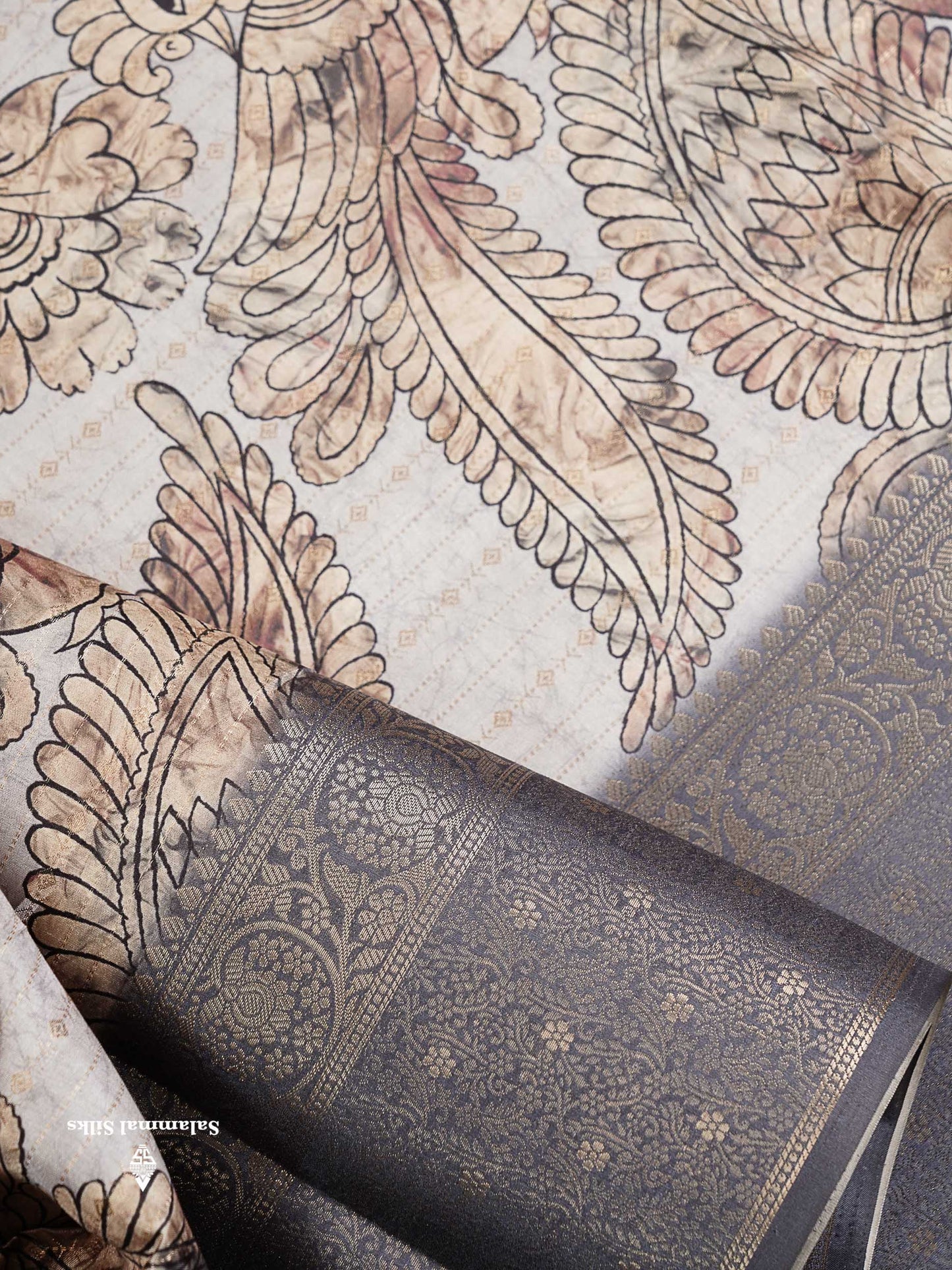 Semi Tussar Saree - Cream White Kalamkari Design Along With Contrast Grey Fancy Border