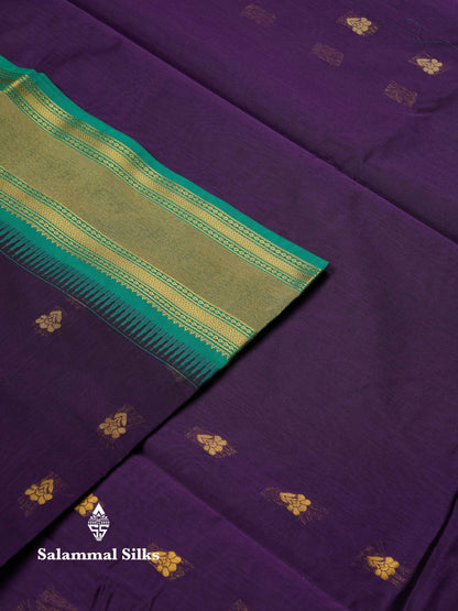 Beautiful Black Zari Butta Semi Silk Cotton Saree With Contrast Sapphire Green Traditional Border