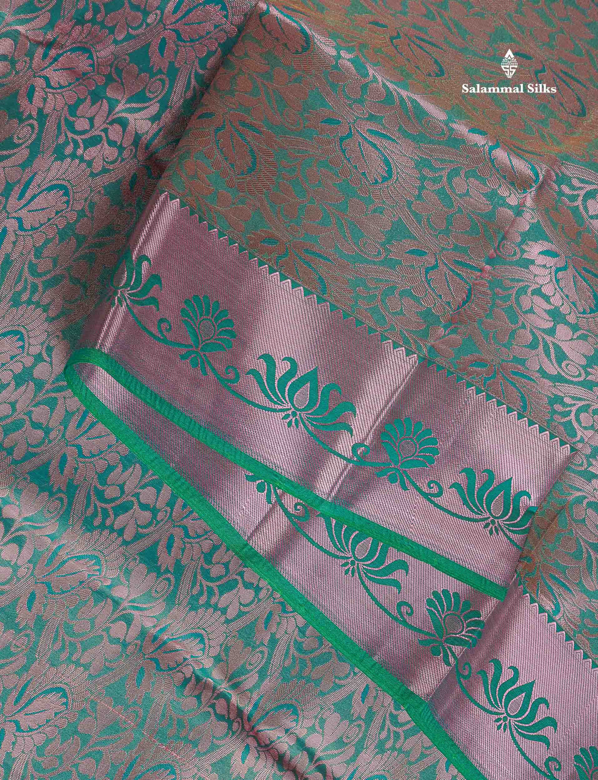 Semi Silk Saree - Light Orange Colour Body With Contrast Saffire Green Blouse