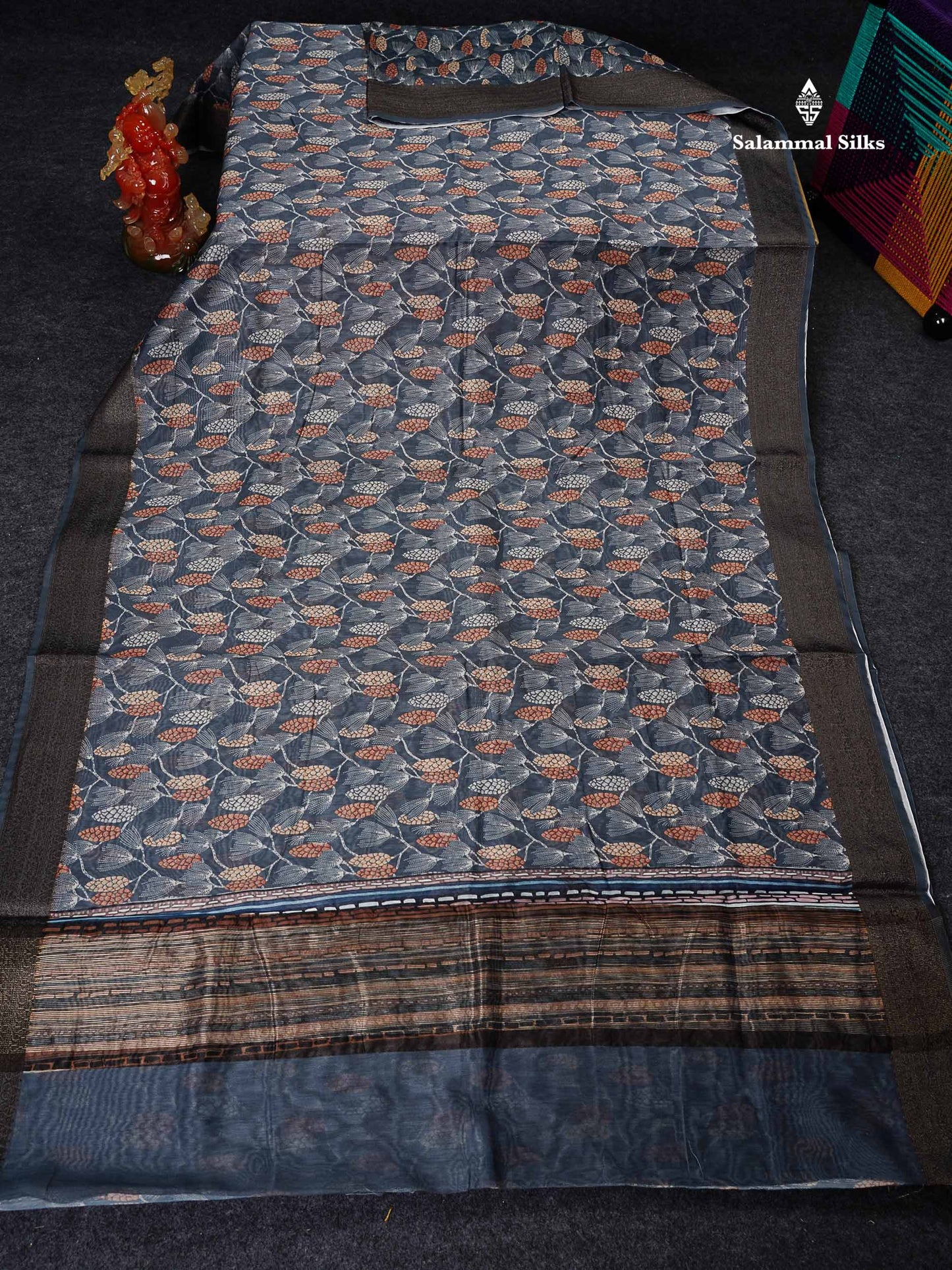 Cotton Mix Saree - Blueish Grey Printed Design Along With Contrast Grey Blouse