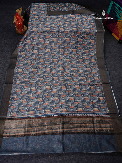 Cotton Mix Saree - Blueish Grey Printed Design Along With Contrast Grey Blouse
