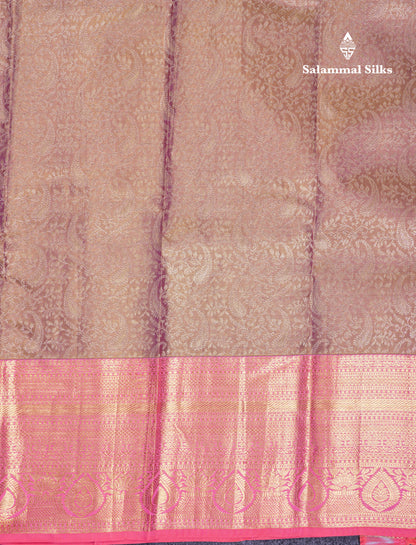 Beautiful Brown Tissue Bridal Pure Kanjivaram Silk Saree With Contrast Peach Traditional Border