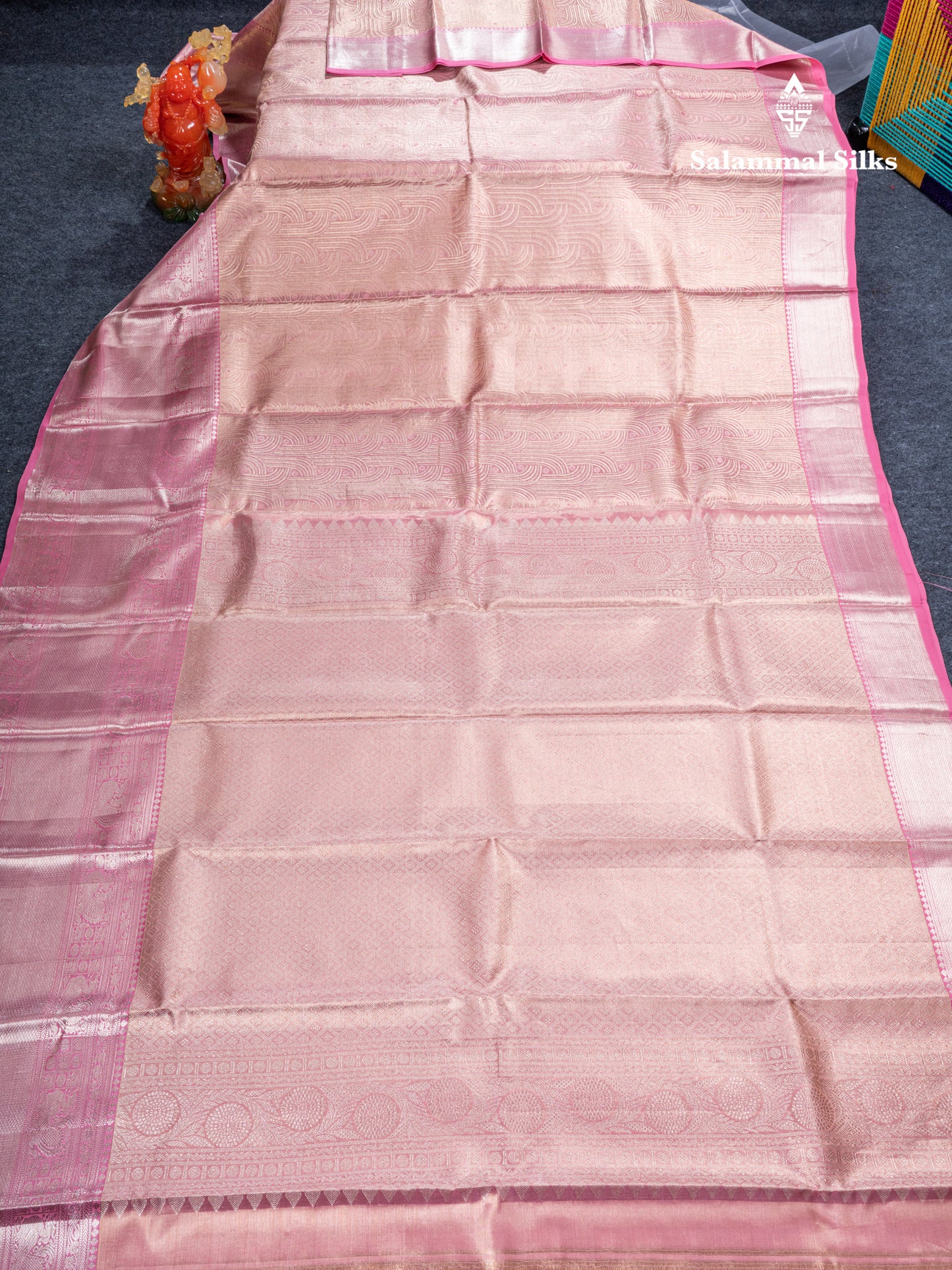 Peach Pink Tissue Bridal Pure Kanjivaram Silk Saree With Contrast Light Pink Evening Morning Traditional Border