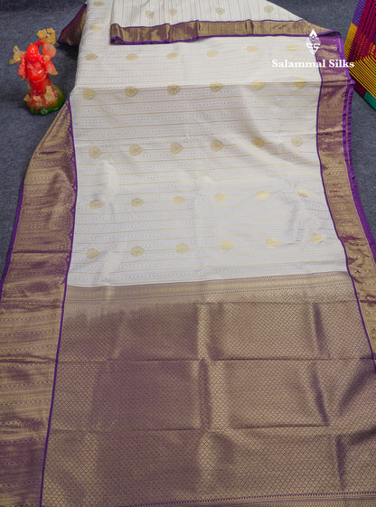Beautiful Half White Semi Silk Saree With Contrast Dark Purple Traditional Evening Morning Border