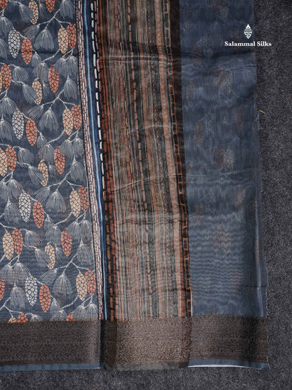 Cotton Mix Saree - Blueish Grey Printed Design Along With Contrast Grey Blouse