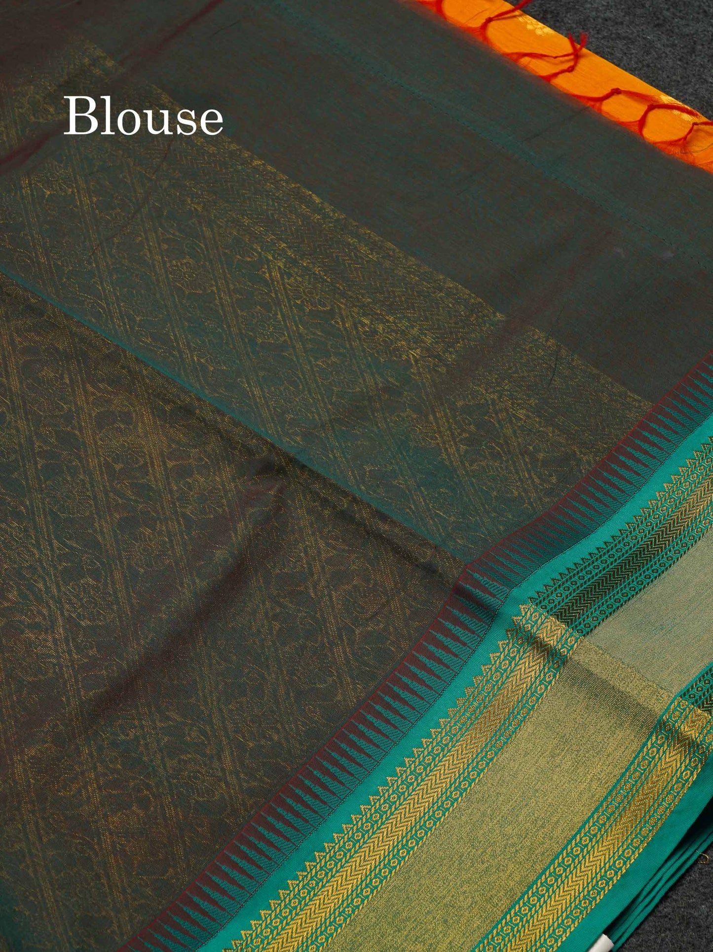 Beautiful Black Zari Butta Semi Silk Cotton Saree With Contrast Sapphire Green Traditional Border