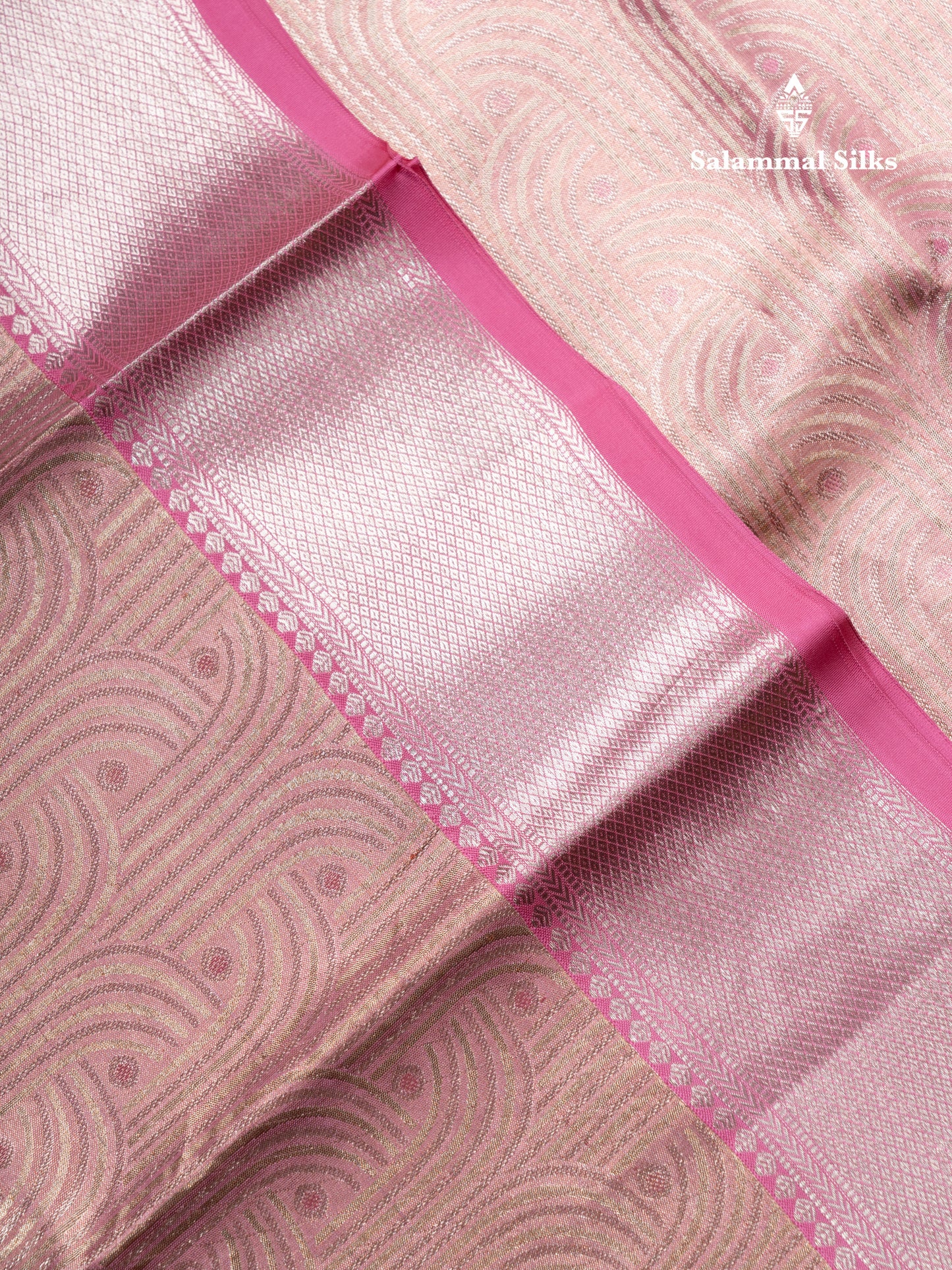 Peach Pink Tissue Bridal Pure Kanjivaram Silk Saree With Contrast Light Pink Evening Morning Traditional Border