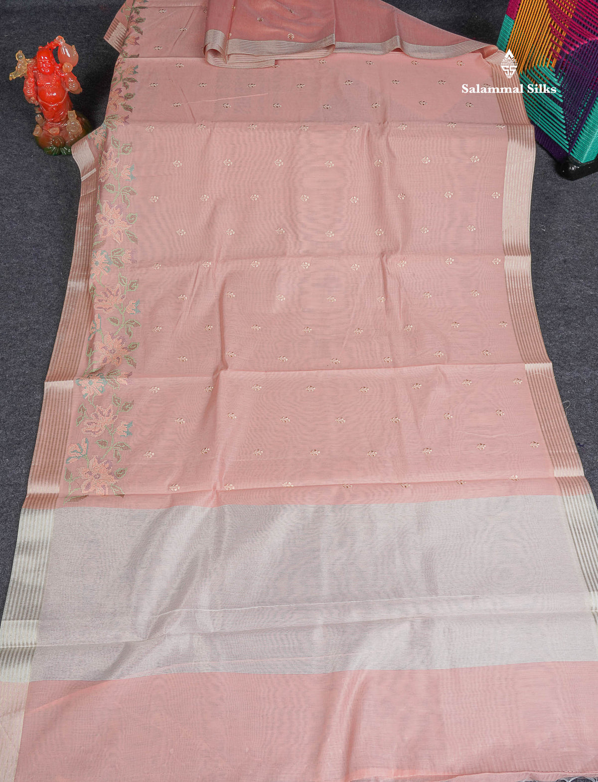 Cotton Mix Saree - Peach Colour  Body Embroidery Work With Fancy Border