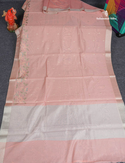 Cotton Mix Saree - Peach Colour  Body Embroidery Work With Fancy Border