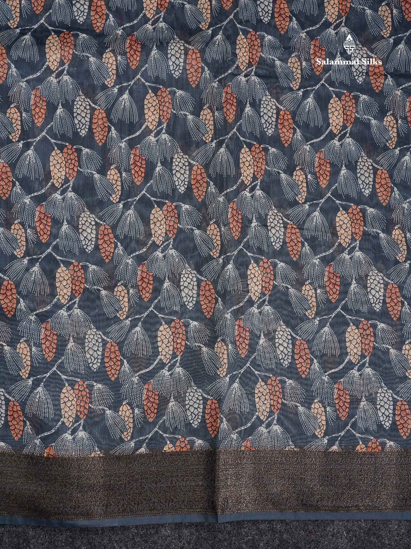 Cotton Mix Saree - Blueish Grey Printed Design Along With Contrast Grey Blouse