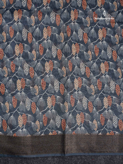 Cotton Mix Saree - Blueish Grey Printed Design Along With Contrast Grey Blouse