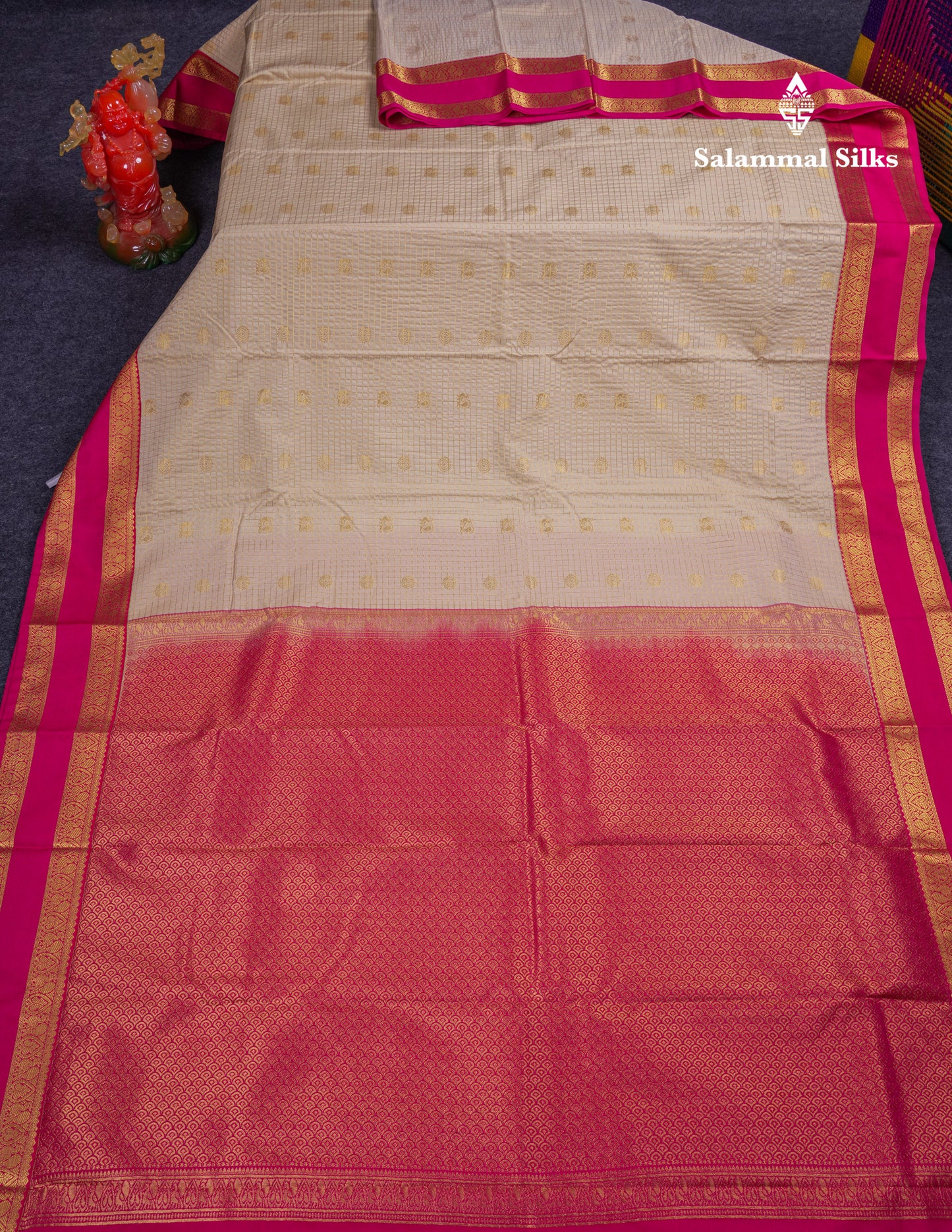 Beautiful Cream Sandal Small Checks With Butta Semi Silk Saree With Contrast Pink Rettapet Traditional Border