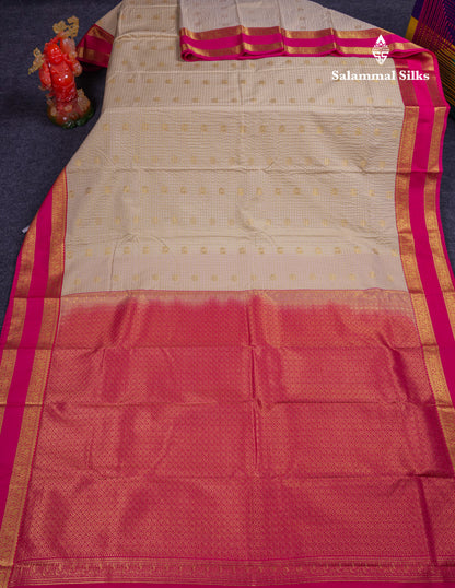 Beautiful Cream Sandal Small Checks With Butta Semi Silk Saree With Contrast Pink Rettapet Traditional Border