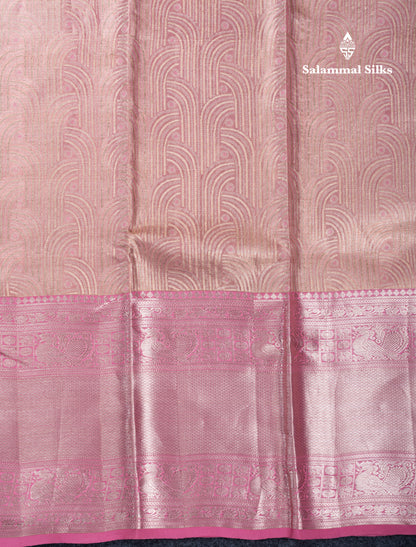 Peach Pink Tissue Bridal Pure Kanjivaram Silk Saree With Contrast Light Pink Evening Morning Traditional Border