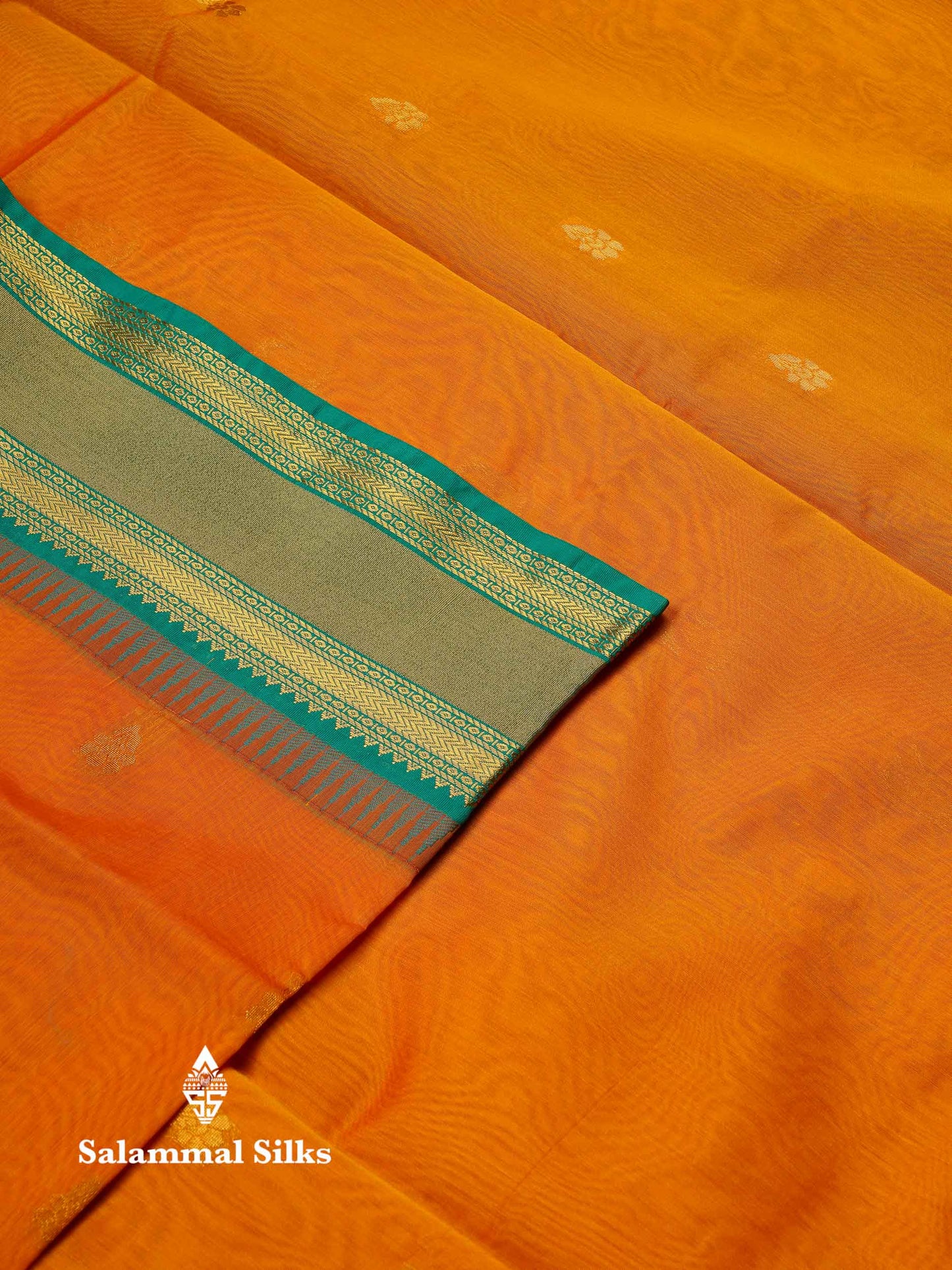 Beautiful Black Zari Butta Semi Silk Cotton Saree With Contrast Sapphire Green Traditional Border